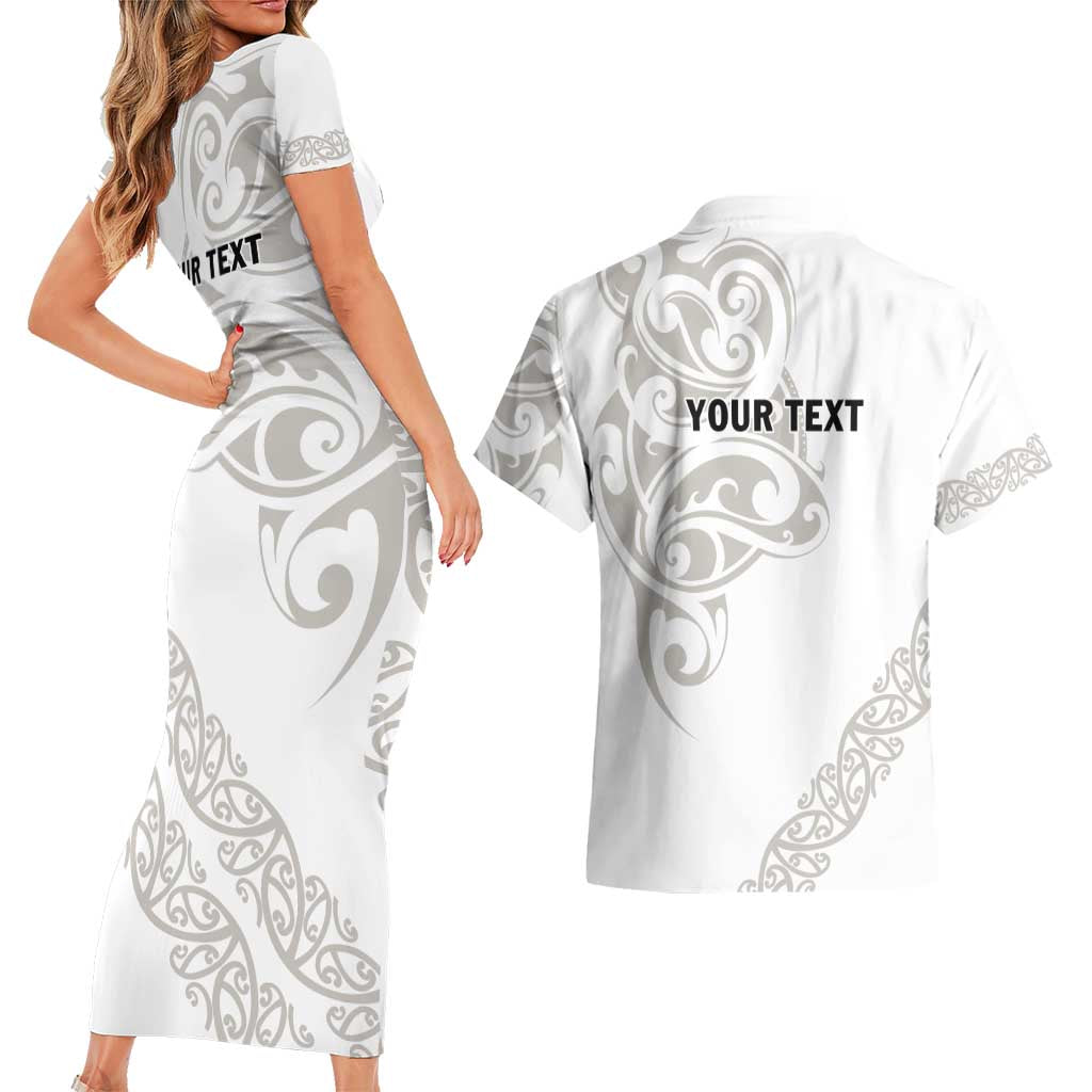 All White Maori Tribal Tattoo Personalised Couples Matching Short Sleeve Bodycon Dress and Hawaiian Shirt Stone Gray Polynesian Style LT9 - Polynesian Pride