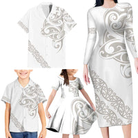 All White Maori Tribal Tattoo Personalised Family Matching Long Sleeve Bodycon Dress and Hawaiian Shirt Stone Gray Polynesian Style LT9 - Polynesian Pride
