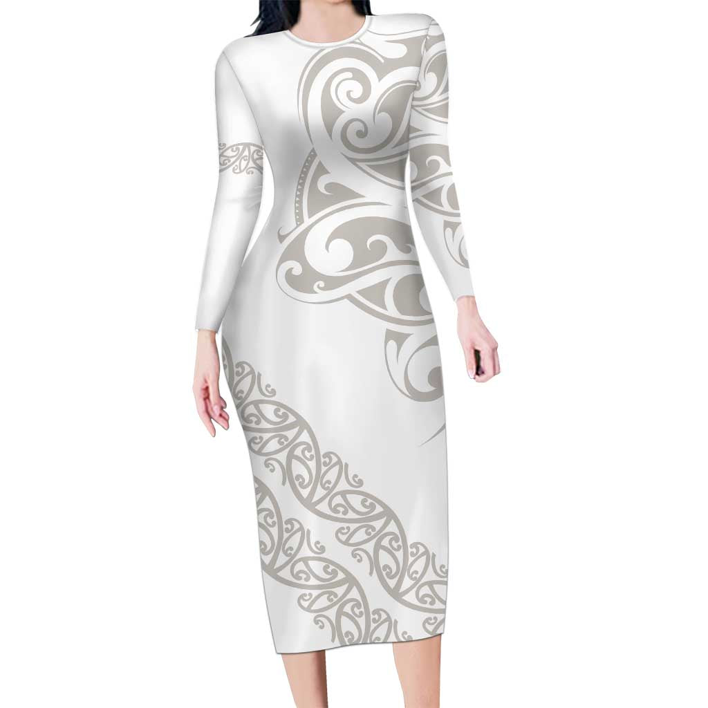 All White Maori Tribal Tattoo Personalised Family Matching Long Sleeve Bodycon Dress and Hawaiian Shirt Stone Gray Polynesian Style LT9 Mom's Dress Gray - Polynesian Pride