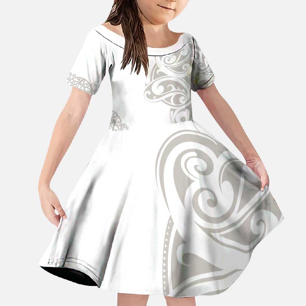 All White Maori Tribal Tattoo Personalised Family Matching Mermaid Dress and Hawaiian Shirt Stone Gray Polynesian Style LT9 Daughter's Dress Gray - Polynesian Pride