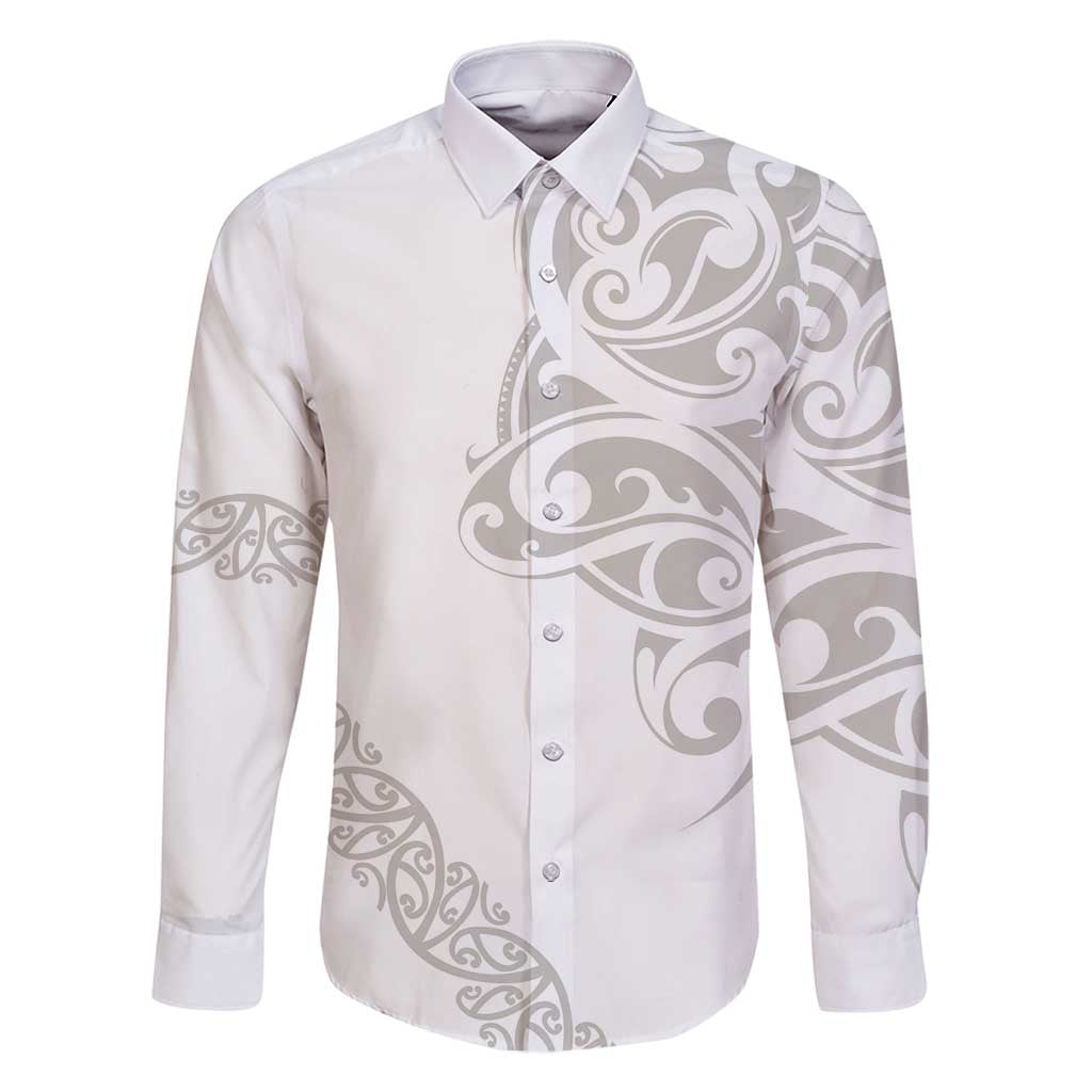 All White Maori Tribal Tattoo Personalised Family Matching Mermaid Dress and Hawaiian Shirt Stone Gray Polynesian Style LT9 Dad's Shirt - Long Sleeve Gray - Polynesian Pride