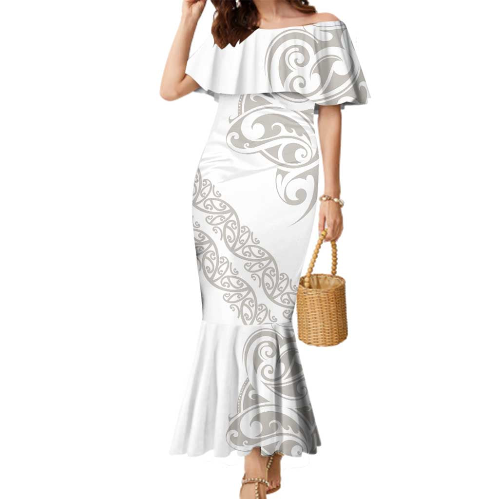 All White Maori Tribal Tattoo Personalised Family Matching Mermaid Dress and Hawaiian Shirt Stone Gray Polynesian Style LT9 Mom's Dress Gray - Polynesian Pride