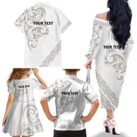 All White Maori Tribal Tattoo Personalised Family Matching Off The Shoulder Long Sleeve Dress and Hawaiian Shirt Stone Gray Polynesian Style LT9 - Polynesian Pride