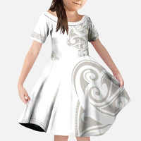 All White Maori Tribal Tattoo Personalised Family Matching Off Shoulder Maxi Dress and Hawaiian Shirt Stone Gray Polynesian Style LT9 Daughter's Dress Gray - Polynesian Pride