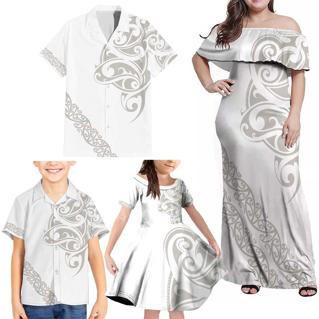 All White Maori Tribal Tattoo Personalised Family Matching Off Shoulder Maxi Dress and Hawaiian Shirt Stone Gray Polynesian Style LT9 - Polynesian Pride