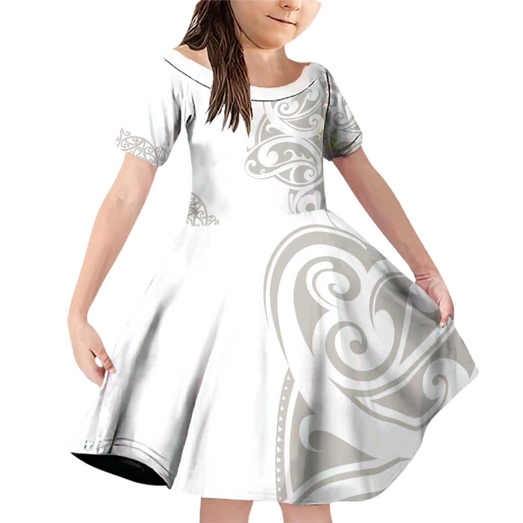 All White Maori Tribal Tattoo Personalised Family Matching Off Shoulder Short Dress and Hawaiian Shirt Stone Gray Polynesian Style LT9 Daughter's Dress Gray - Polynesian Pride