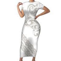 All White Maori Tribal Tattoo Personalised Family Matching Short Sleeve Bodycon Dress and Hawaiian Shirt Stone Gray Polynesian Style LT9 Mom's Dress Gray - Polynesian Pride