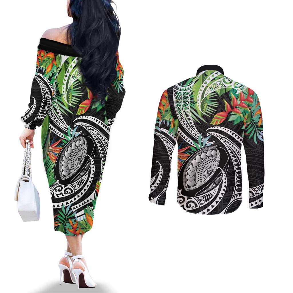 Polynesian Pacific Rugby Tribal Couples Matching Off The Shoulder Long Sleeve Dress and Long Sleeve Button Shirt Tropical Vibe