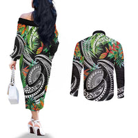 Polynesian Pacific Rugby Tribal Couples Matching Off The Shoulder Long Sleeve Dress and Long Sleeve Button Shirt Tropical Vibe
