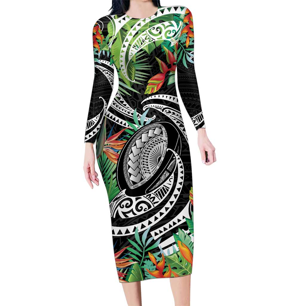 Polynesian Pacific Rugby Tribal Family Matching Long Sleeve Bodycon Dress and Hawaiian Shirt Tropical Vibe LT9 Mom's Dress Black - Polynesian Pride