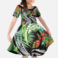 Polynesian Pacific Rugby Tribal Family Matching Off The Shoulder Long Sleeve Dress and Hawaiian Shirt Tropical Vibe LT9 Daughter's Dress Black - Polynesian Pride