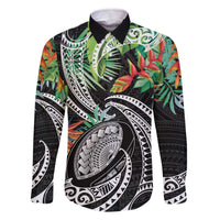 Polynesian Pacific Rugby Tribal Family Matching Off The Shoulder Long Sleeve Dress and Hawaiian Shirt Tropical Vibe LT9 Dad's Shirt - Long Sleeve Black - Polynesian Pride