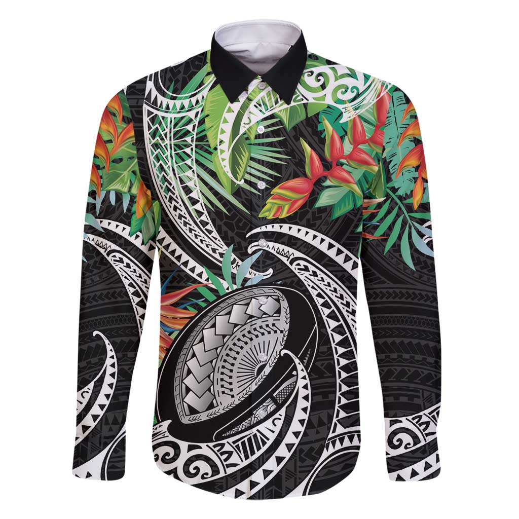 Polynesian Pacific Rugby Tribal Family Matching Off Shoulder Maxi Dress and Hawaiian Shirt Tropical Vibe LT9 Dad's Shirt - Long Sleeve Black - Polynesian Pride