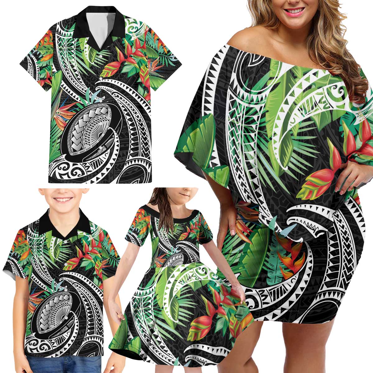 Polynesian Pacific Rugby Tribal Family Matching Off Shoulder Short Dress and Hawaiian Shirt Tropical Vibe LT9 - Polynesian Pride