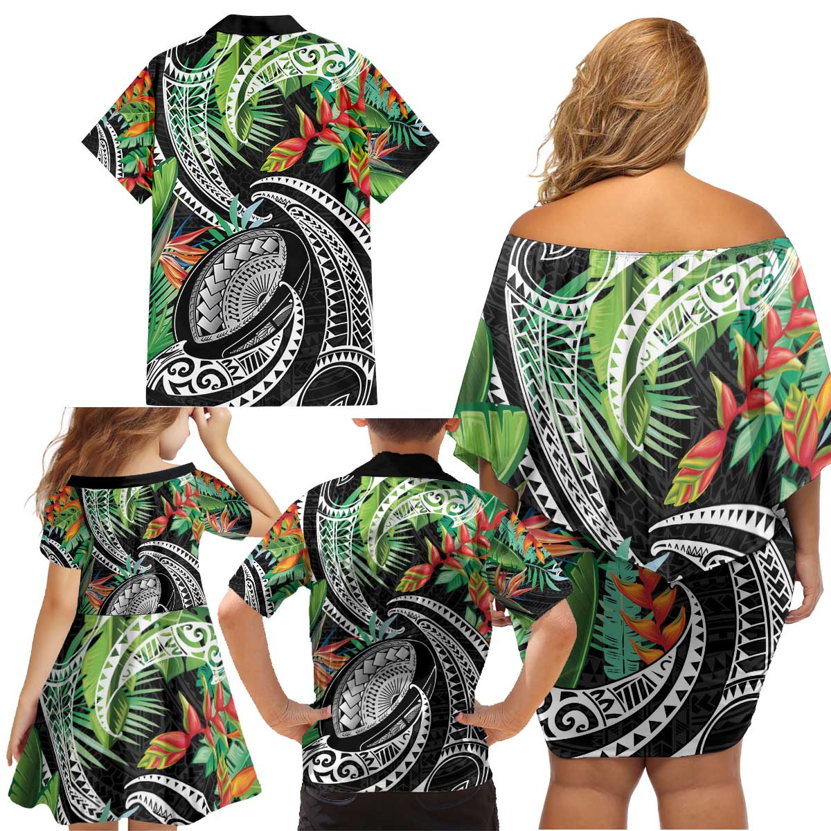 Polynesian Pacific Rugby Tribal Family Matching Off Shoulder Short Dress and Hawaiian Shirt Tropical Vibe LT9 - Polynesian Pride