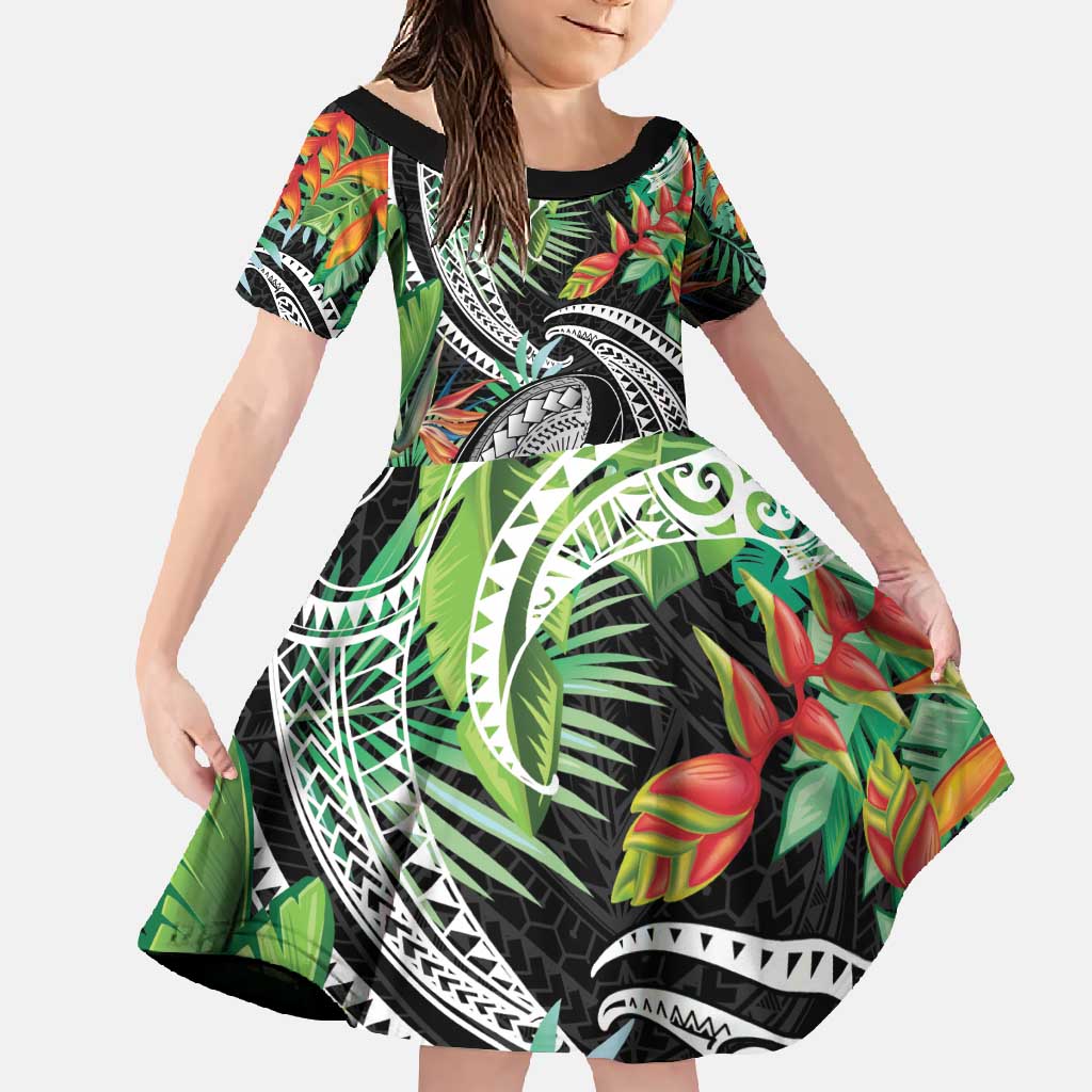 Polynesian Pacific Rugby Tribal Family Matching Short Sleeve Bodycon Dress and Hawaiian Shirt Tropical Vibe LT9 Daughter's Dress Black - Polynesian Pride