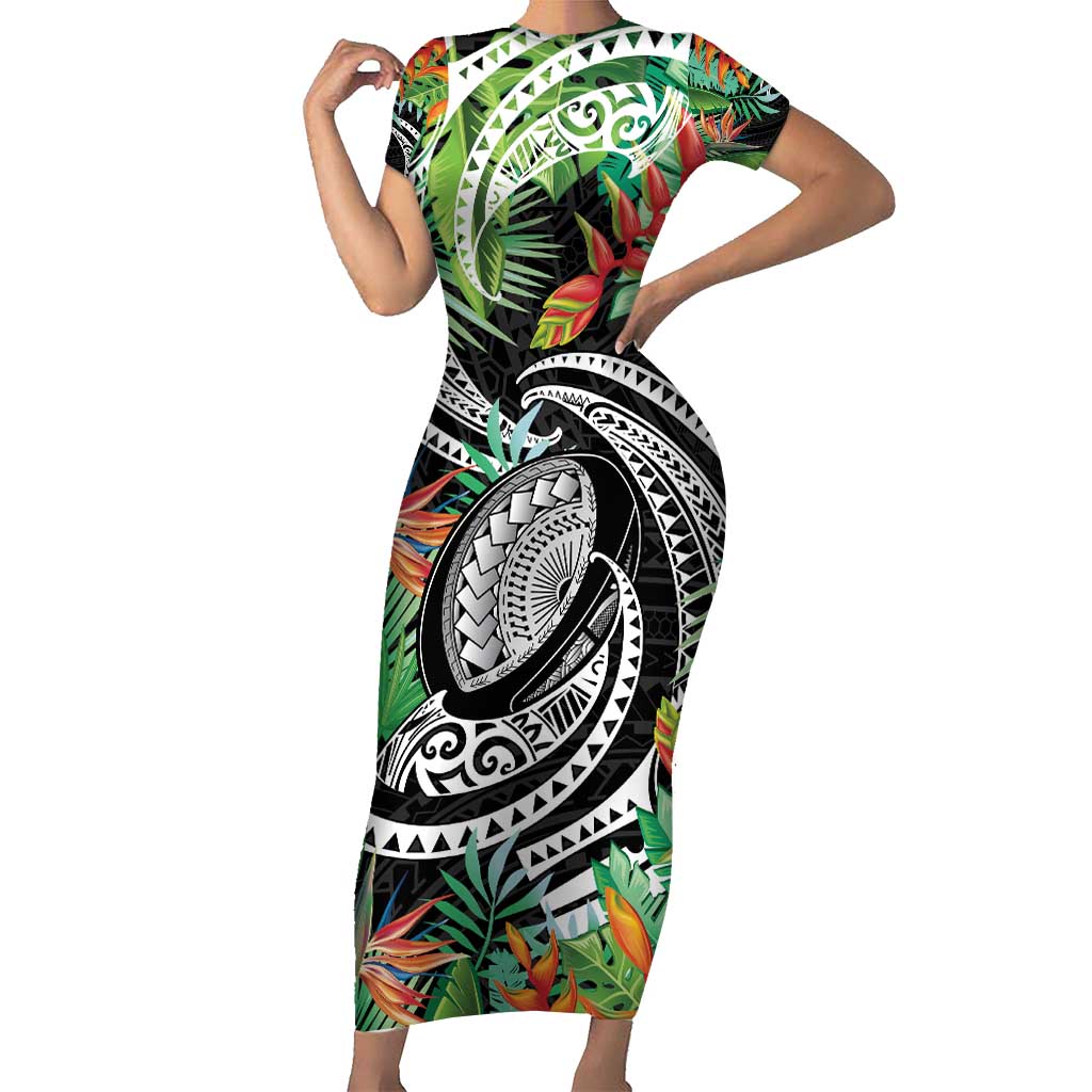 Polynesian Pacific Rugby Tribal Family Matching Short Sleeve Bodycon Dress and Hawaiian Shirt Tropical Vibe LT9 Mom's Dress Black - Polynesian Pride