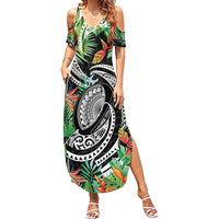 Polynesian Pacific Rugby Tribal Family Matching Summer Maxi Dress and Hawaiian Shirt Tropical Vibe LT9 Mom's Dress Black - Polynesian Pride