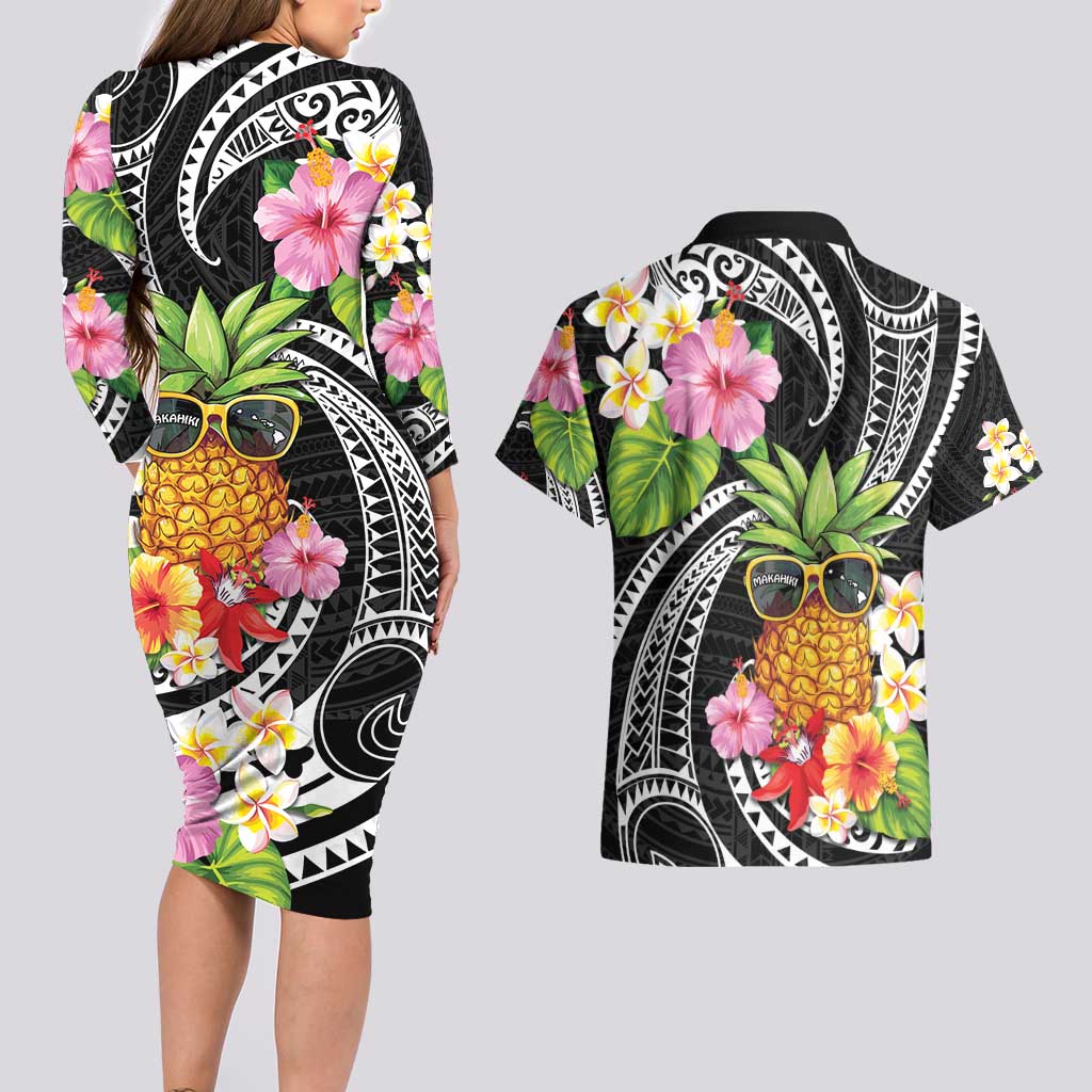 Hau'oli Makahiki Hou Couples Matching Long Sleeve Bodycon Dress and Hawaiian Shirt Aloha Pineapple Tropical Vibe LT9 - Polynesian Pride