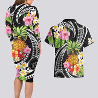 Hau'oli Makahiki Hou Couples Matching Long Sleeve Bodycon Dress and Hawaiian Shirt Aloha Pineapple Tropical Vibe LT9 - Polynesian Pride