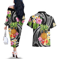 Hau'oli Makahiki Hou Couples Matching Off The Shoulder Long Sleeve Dress and Hawaiian Shirt Aloha Pineapple Tropical Vibe
