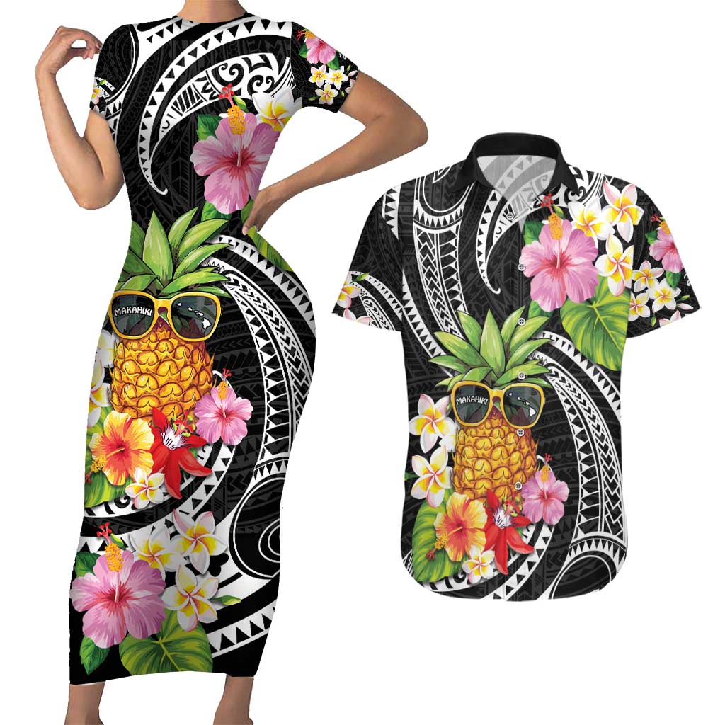 Hau'oli Makahiki Hou Couples Matching Short Sleeve Bodycon Dress and Hawaiian Shirt Aloha Pineapple Tropical Vibe LT9 Black - Polynesian Pride