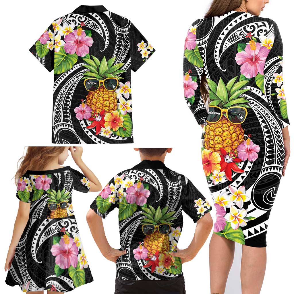 Hau'oli Makahiki Hou Family Matching Long Sleeve Bodycon Dress and Hawaiian Shirt Aloha Pineapple Tropical Vibe LT9 - Polynesian Pride