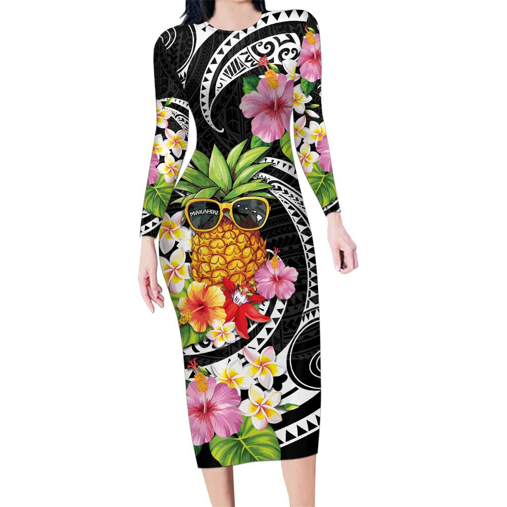 Hau'oli Makahiki Hou Family Matching Long Sleeve Bodycon Dress and Hawaiian Shirt Aloha Pineapple Tropical Vibe LT9 Mom's Dress Black - Polynesian Pride