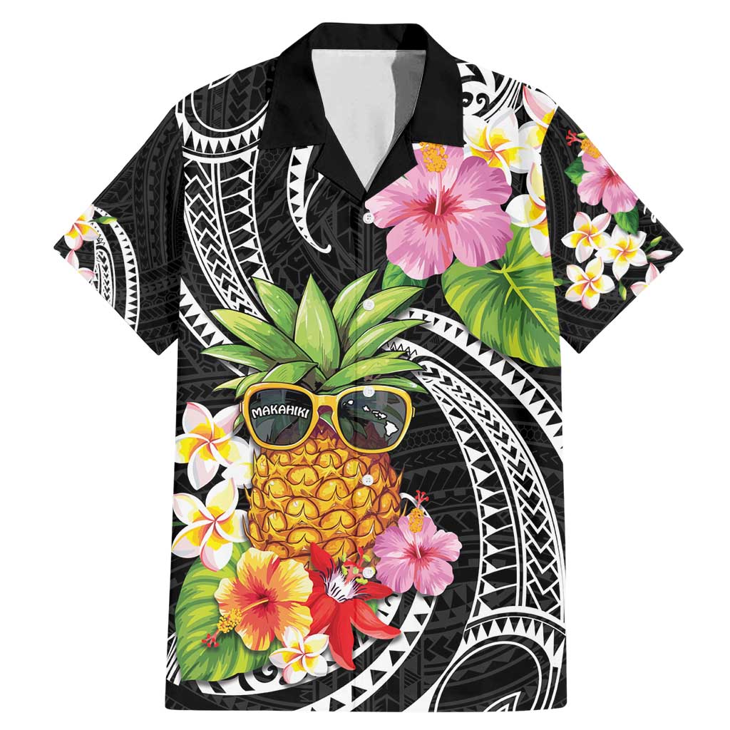 Hau'oli Makahiki Hou Family Matching Mermaid Dress and Hawaiian Shirt Aloha Pineapple Tropical Vibe LT9 Dad's Shirt - Short Sleeve Black - Polynesian Pride