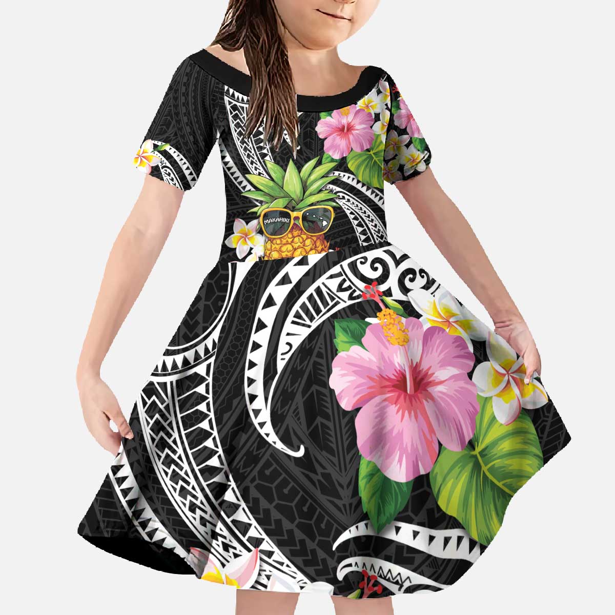 Hau'oli Makahiki Hou Family Matching Off The Shoulder Long Sleeve Dress and Hawaiian Shirt Aloha Pineapple Tropical Vibe LT9 Daughter's Dress Black - Polynesian Pride
