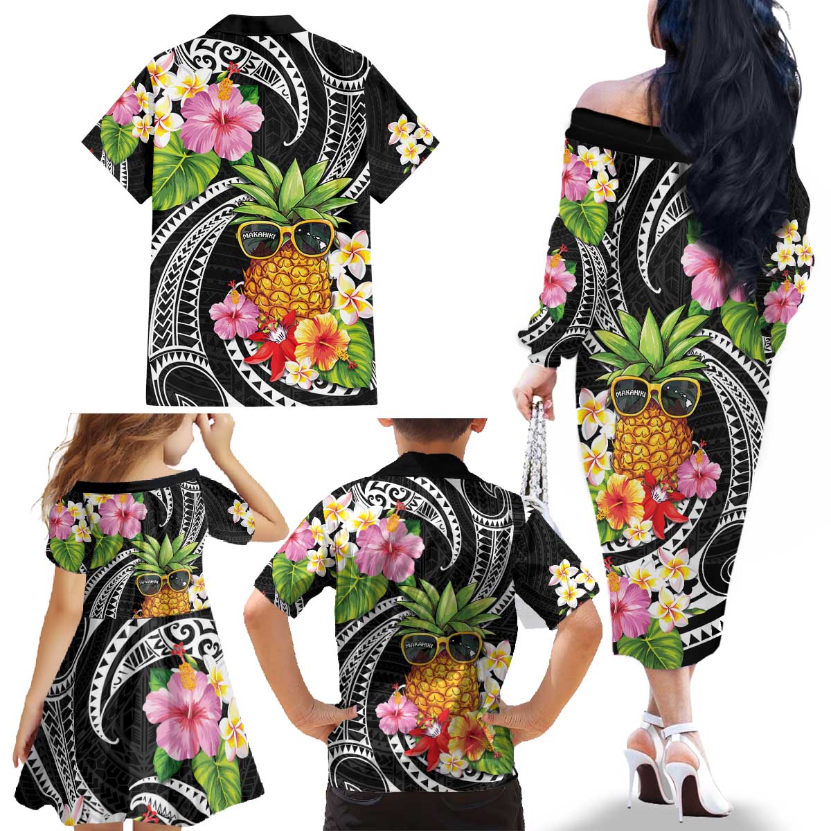 Hau'oli Makahiki Hou Family Matching Off The Shoulder Long Sleeve Dress and Hawaiian Shirt Aloha Pineapple Tropical Vibe LT9 - Polynesian Pride
