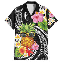 Hau'oli Makahiki Hou Family Matching Off The Shoulder Long Sleeve Dress and Hawaiian Shirt Aloha Pineapple Tropical Vibe LT9 Dad's Shirt - Short Sleeve Black - Polynesian Pride