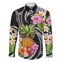 Hau'oli Makahiki Hou Family Matching Off The Shoulder Long Sleeve Dress and Hawaiian Shirt Aloha Pineapple Tropical Vibe LT9 Dad's Shirt - Long Sleeve Black - Polynesian Pride