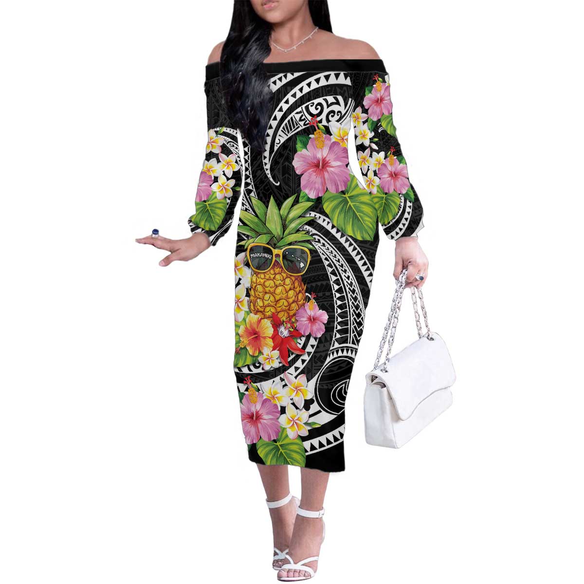 Hau'oli Makahiki Hou Family Matching Off The Shoulder Long Sleeve Dress and Hawaiian Shirt Aloha Pineapple Tropical Vibe LT9 Mom's Dress Black - Polynesian Pride