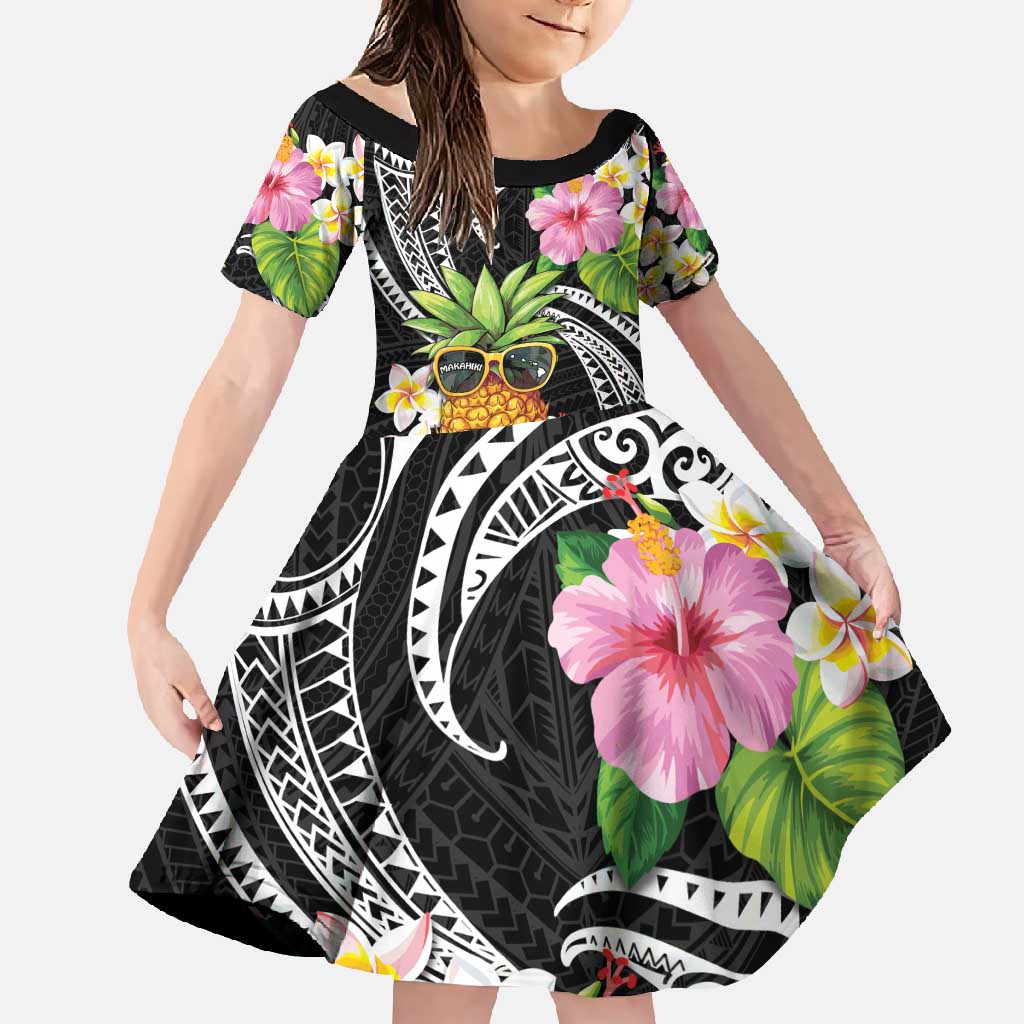 Hau'oli Makahiki Hou Family Matching Off Shoulder Maxi Dress and Hawaiian Shirt Aloha Pineapple Tropical Vibe LT9 Daughter's Dress Black - Polynesian Pride