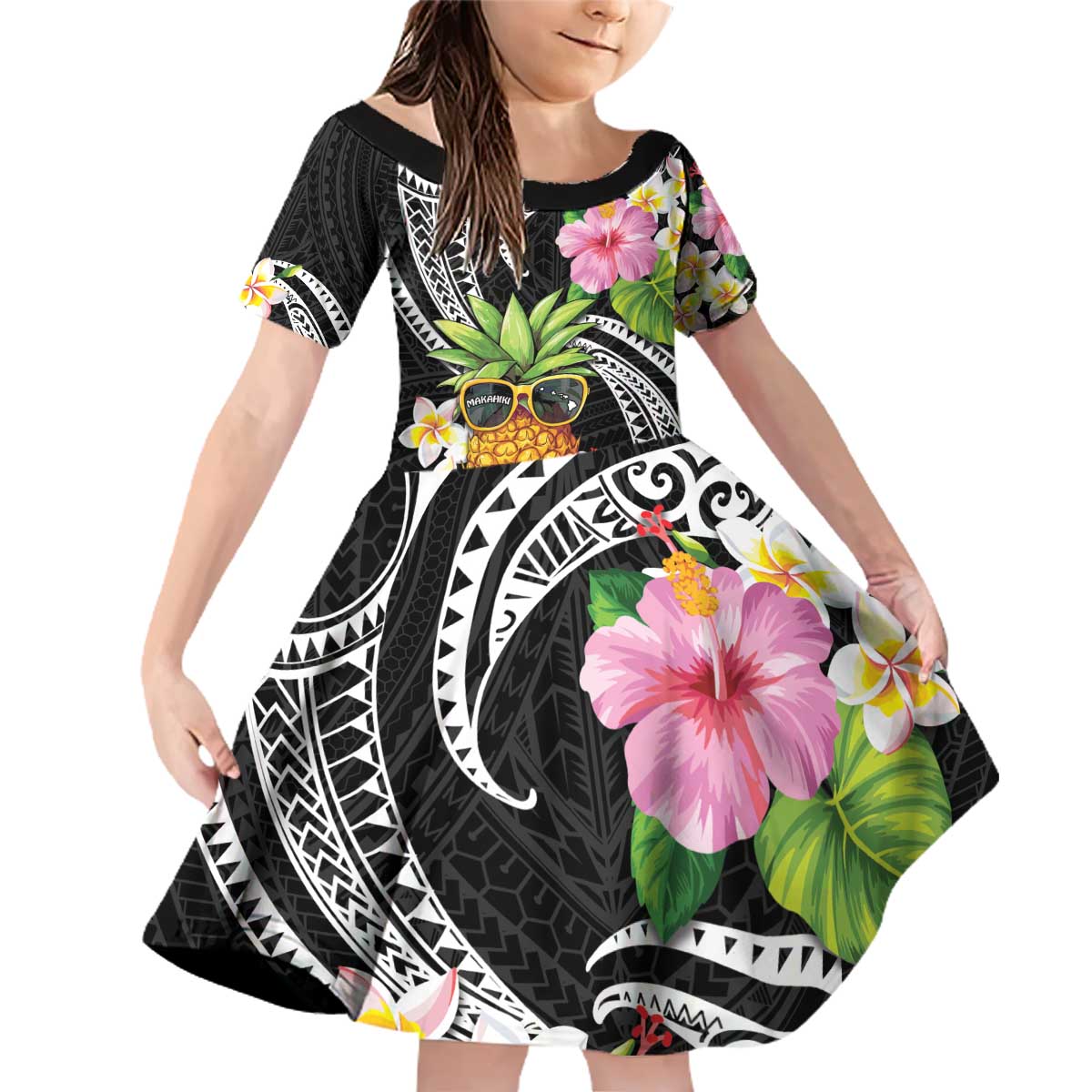 Hau'oli Makahiki Hou Family Matching Off Shoulder Short Dress and Hawaiian Shirt Aloha Pineapple Tropical Vibe LT9 Daughter's Dress Black - Polynesian Pride