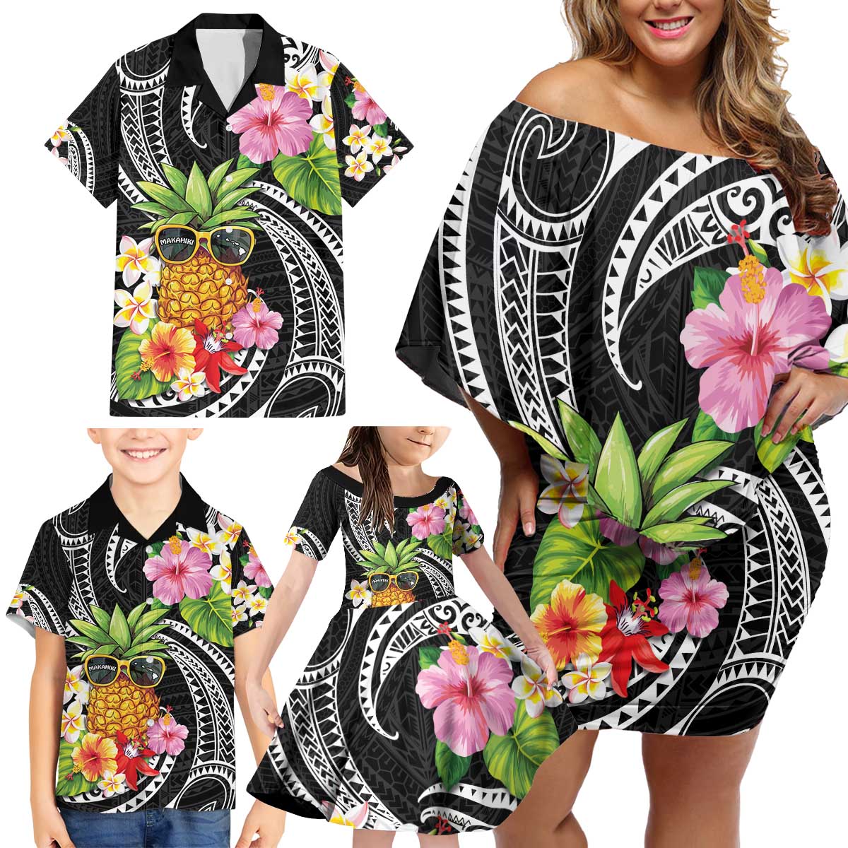 Hau'oli Makahiki Hou Family Matching Off Shoulder Short Dress and Hawaiian Shirt Aloha Pineapple Tropical Vibe LT9 - Polynesian Pride
