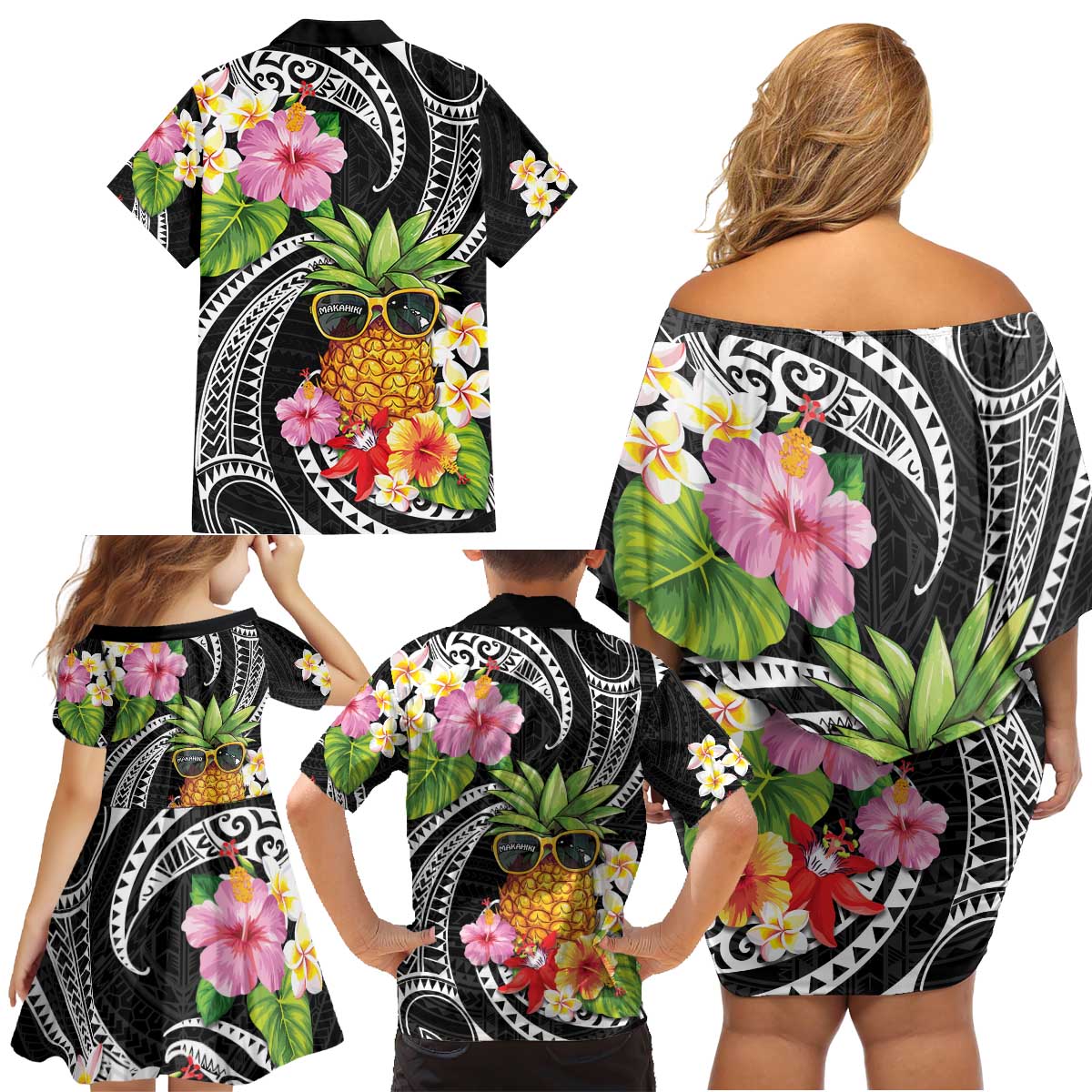 Hau'oli Makahiki Hou Family Matching Off Shoulder Short Dress and Hawaiian Shirt Aloha Pineapple Tropical Vibe LT9 - Polynesian Pride