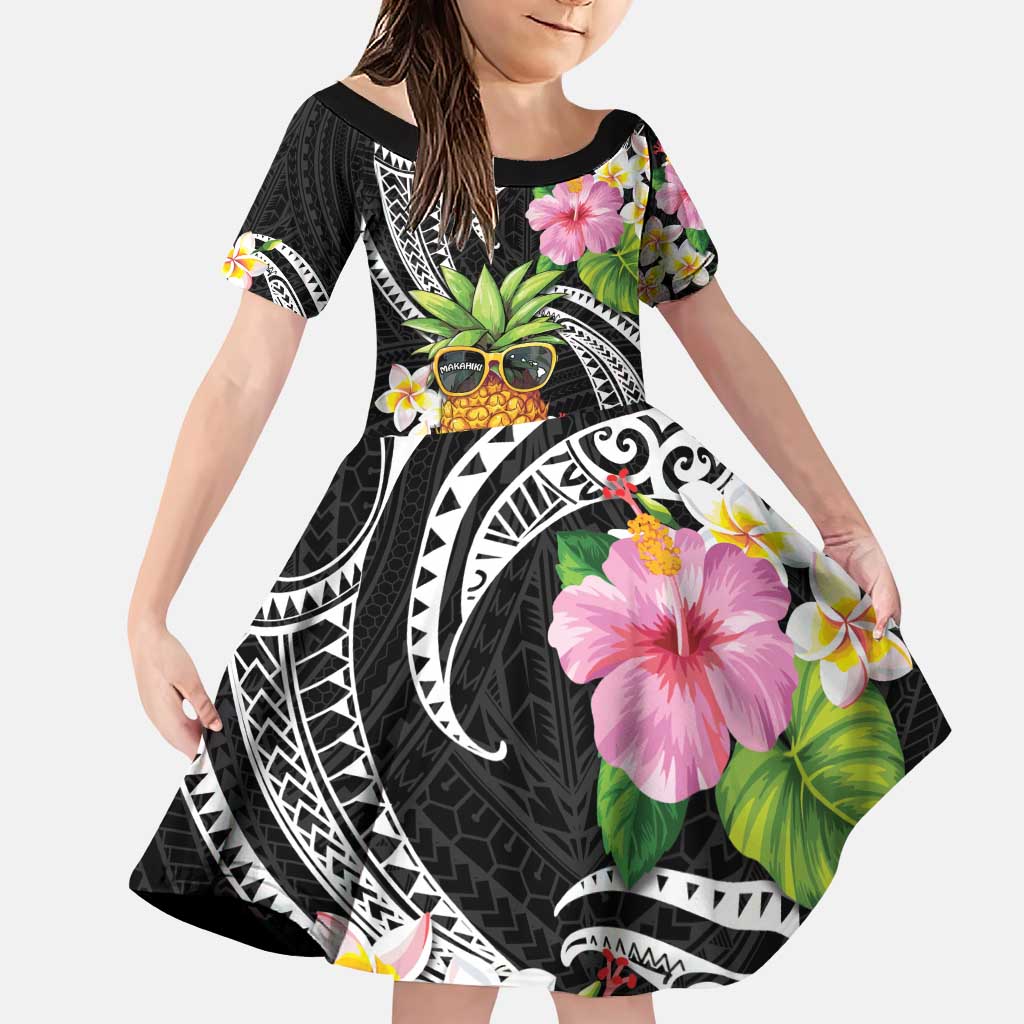 Hau'oli Makahiki Hou Family Matching Puletasi and Hawaiian Shirt Aloha Pineapple Tropical Vibe LT9 Daughter's Dress Black - Polynesian Pride