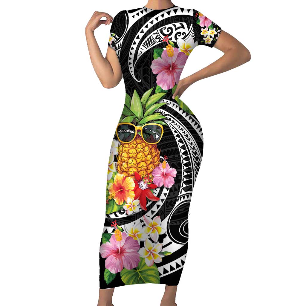 Hau'oli Makahiki Hou Family Matching Short Sleeve Bodycon Dress and Hawaiian Shirt Aloha Pineapple Tropical Vibe LT9 Mom's Dress Black - Polynesian Pride
