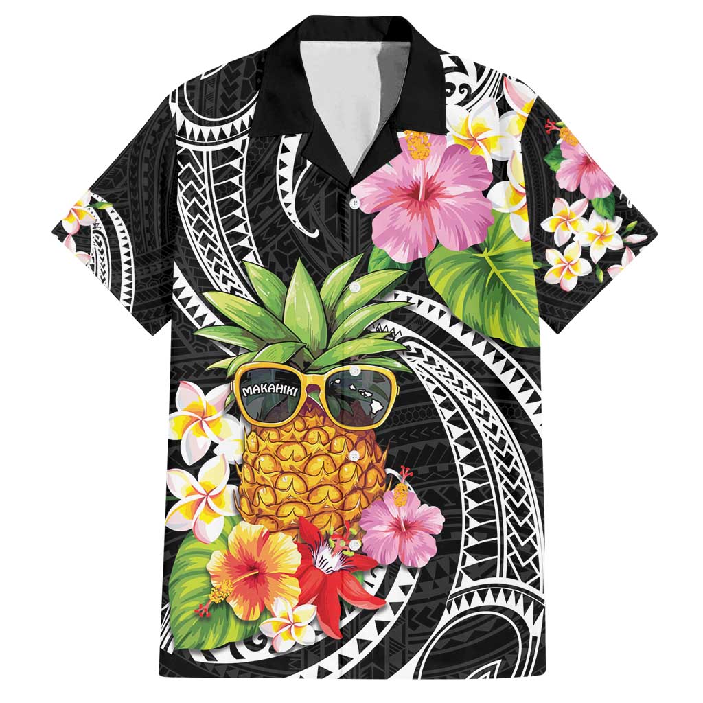 Hau'oli Makahiki Hou Family Matching Summer Maxi Dress and Hawaiian Shirt Aloha Pineapple Tropical Vibe LT9 Dad's Shirt - Short Sleeve Black - Polynesian Pride