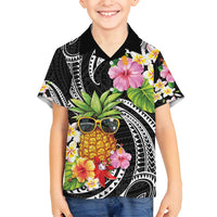 Hau'oli Makahiki Hou Family Matching Tank Maxi Dress and Hawaiian Shirt Aloha Pineapple Tropical Vibe LT9 Son's Shirt Black - Polynesian Pride