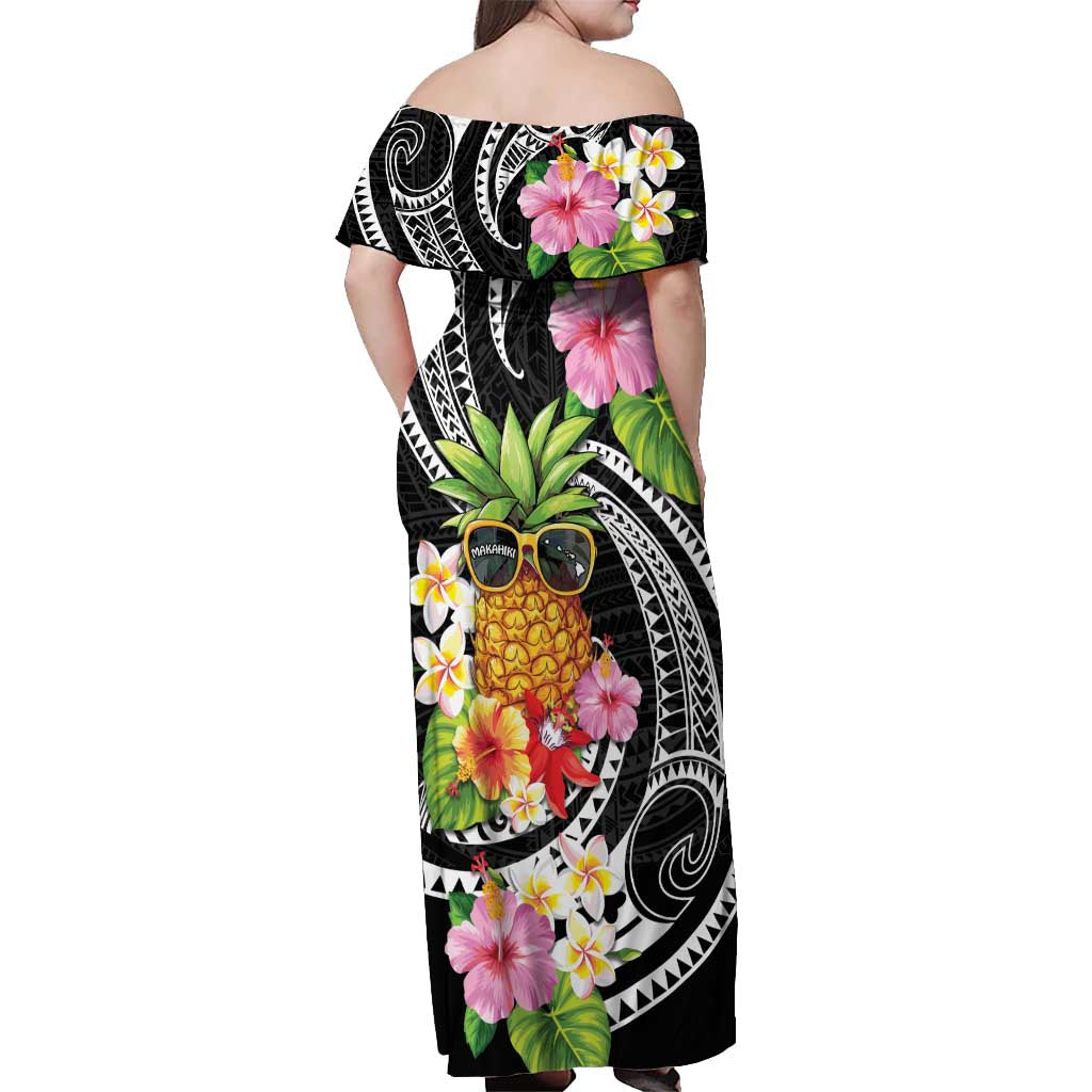 Hau'oli Makahiki Hou Off Shoulder Maxi Dress Aloha Pineapple Tropical Vibe