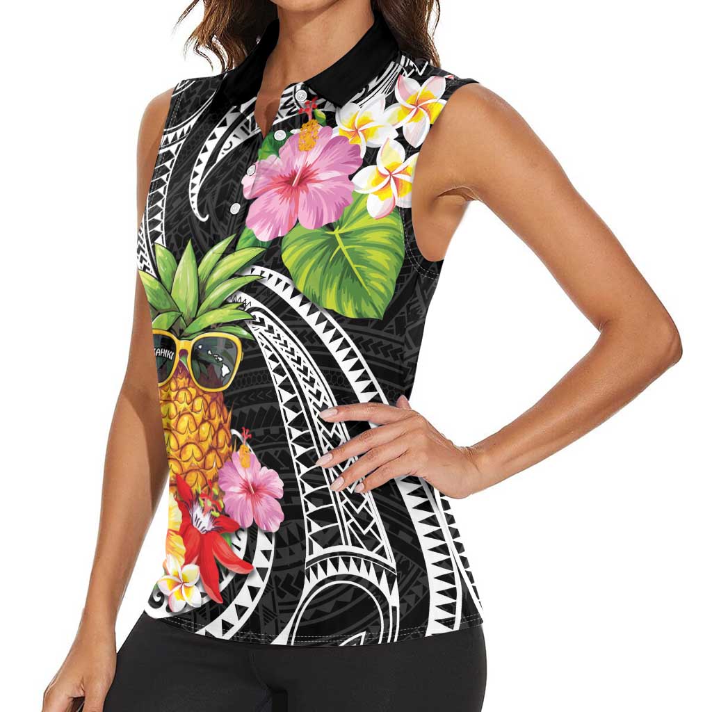 Hau'oli Makahiki Hou Women Sleeveless Polo Shirt Aloha Pineapple Tropical Vibe