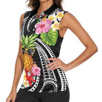 Hau'oli Makahiki Hou Women Sleeveless Polo Shirt Aloha Pineapple Tropical Vibe