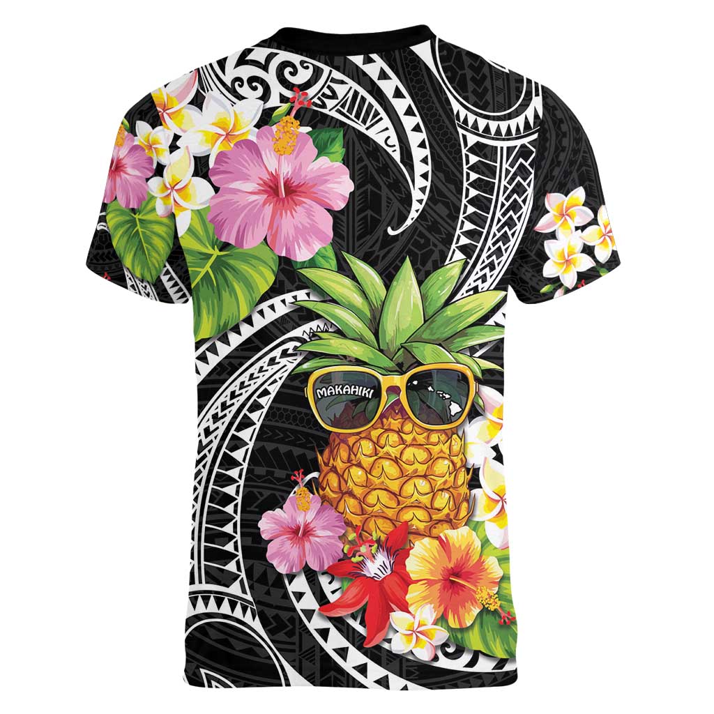 Hau'oli Makahiki Hou Women V-Neck T-Shirt Aloha Pineapple Tropical Vibe
