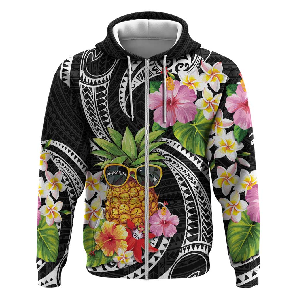 Hau'oli Makahiki Hou Zip Hoodie Aloha Pineapple Tropical Vibe LT9 Zip Hoodie Black - Polynesian Pride