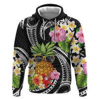 Hau'oli Makahiki Hou Zip Hoodie Aloha Pineapple Tropical Vibe LT9 Pullover Hoodie Black - Polynesian Pride