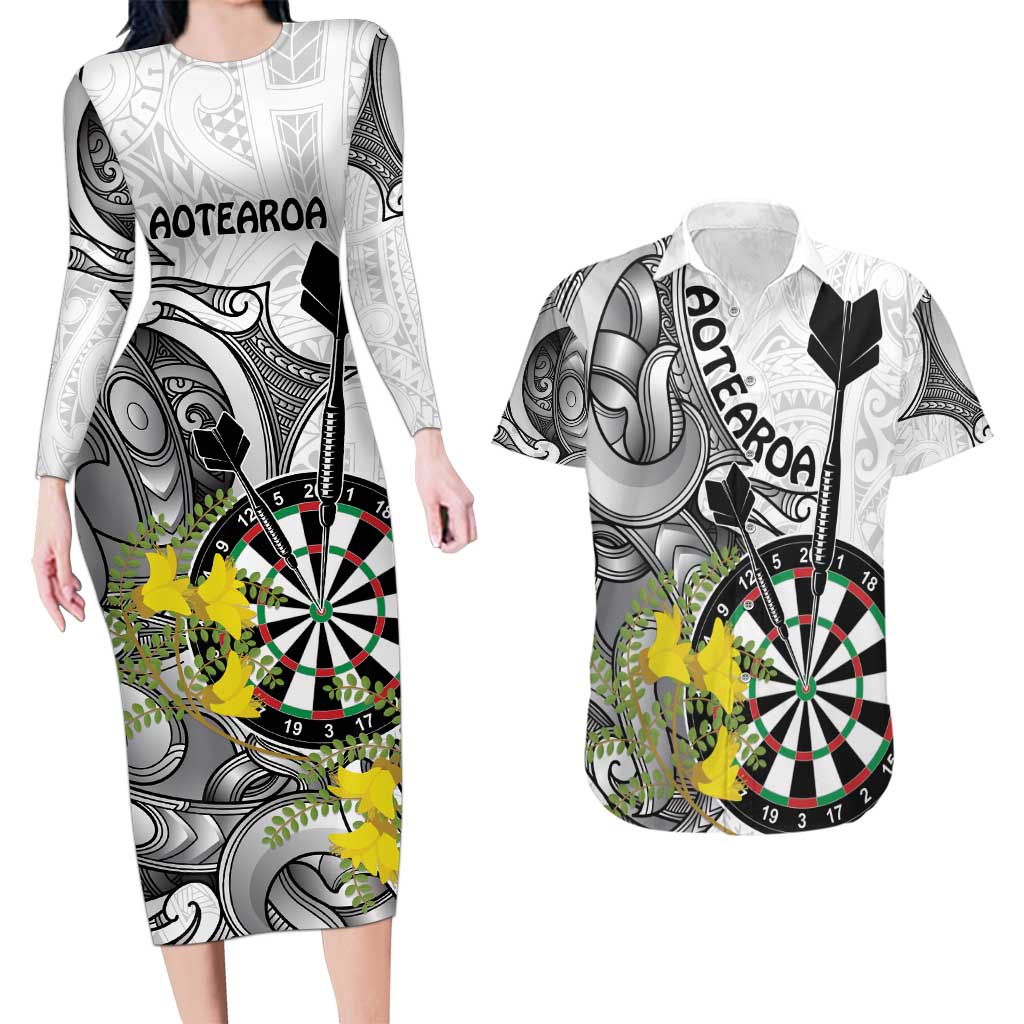 Personalised New Zealand Darts Couples Matching Long Sleeve Bodycon Dress and Hawaiian Shirt Kowhai Floral with Maori Tattoo LT9 Black - Polynesian Pride