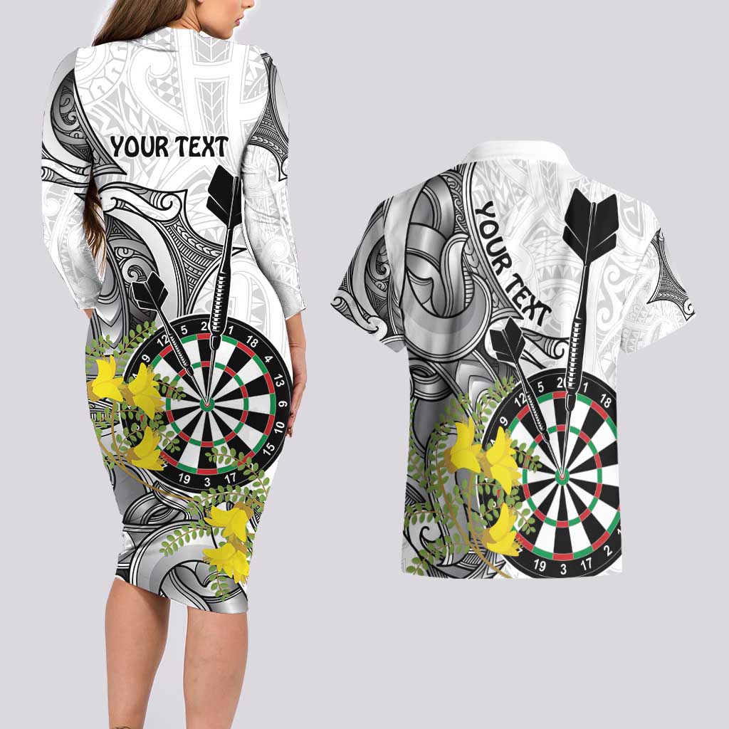 Personalised New Zealand Darts Couples Matching Long Sleeve Bodycon Dress and Hawaiian Shirt Kowhai Floral with Maori Tattoo LT9 - Polynesian Pride